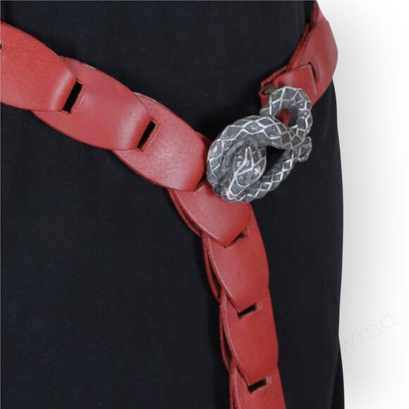 Vintage Interlocking Snake Belt Red Leather Pewter Buckle 80s Hip Bias Hanging main image 12
